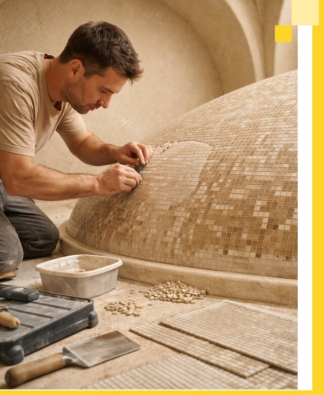 Профессиональная укладка мозаики для хамама под ключ в Тобольске